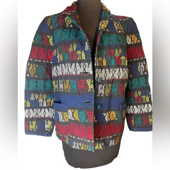 Vtg Hand Woven Huipil Guatmalan Boho Artsy Rainbow Textile Jacket  M Coachella - Picture 2 of 4